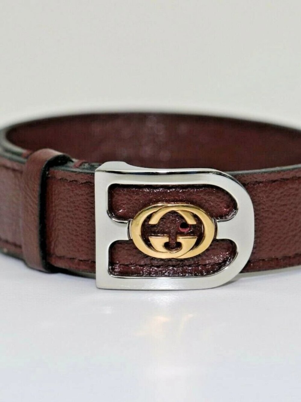 Gucci Interlocking G 18kt Yellow Gold & Silver Leather Bracelet burgundy 572599